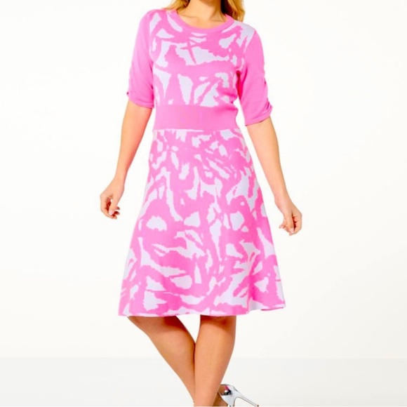 Victor Glemaud Dresses & Skirts - VG by Victor Glemaud Ribbed Waist Patterned Knit Sweater Dress Pink & White